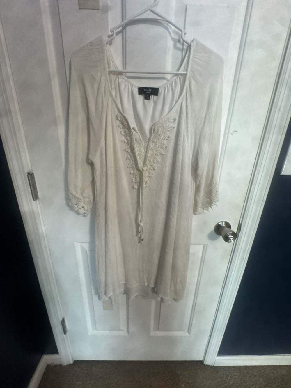 Naif Women's White Embroidered Lace Trim Tunic Dress Size L